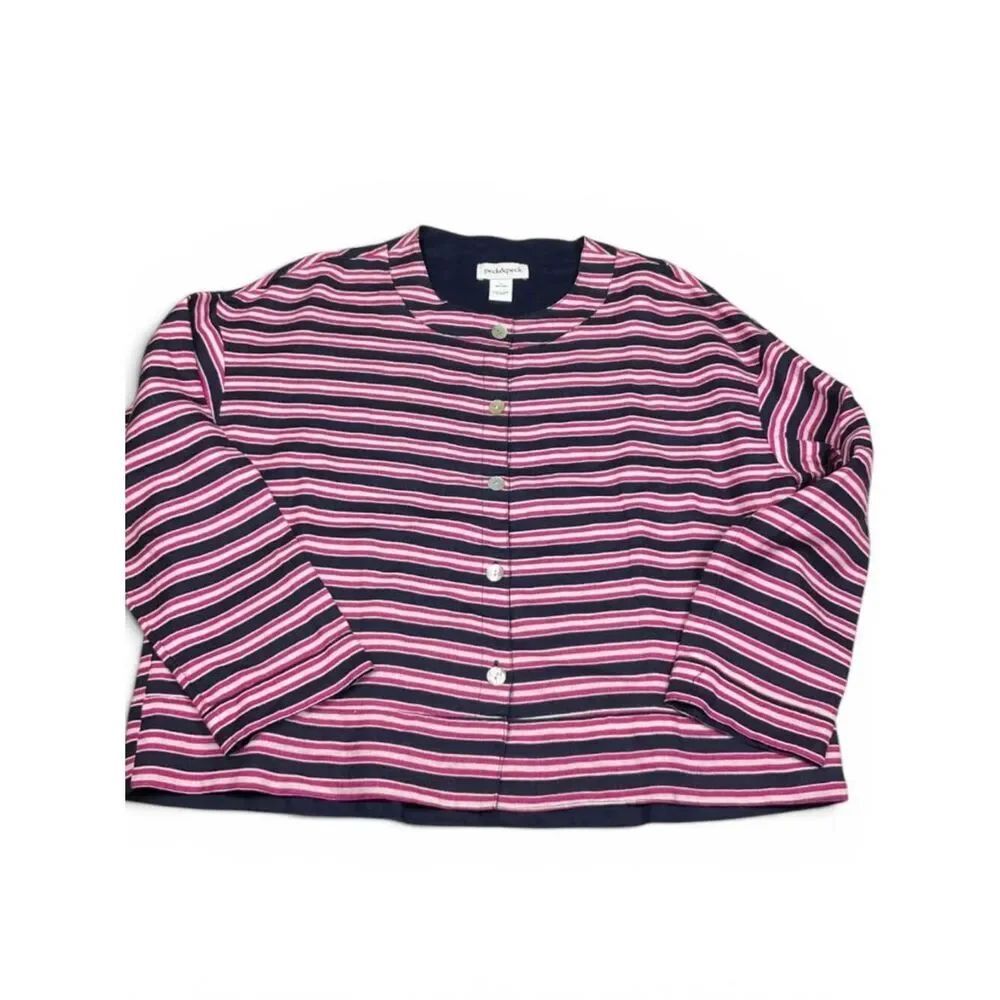 Peck & Peck Linen Reversible Blazer Nautical Striped Button Layering Jacket L